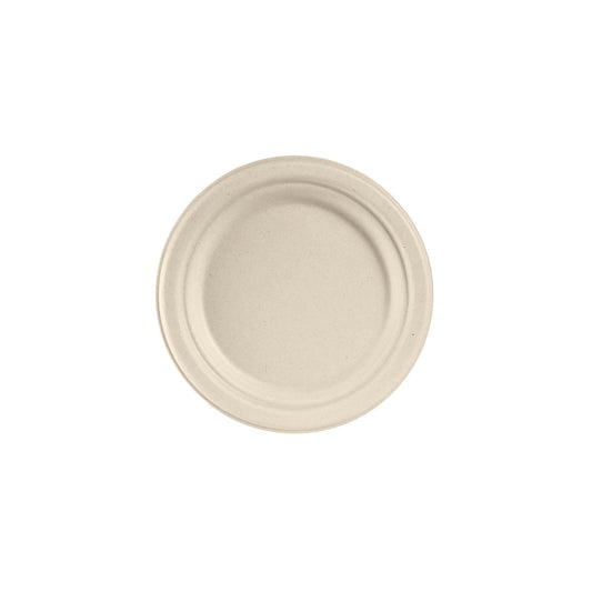 Ein runder, brauner Teller ø 18 cm aus Bagasse der Duni GmbH mit leicht erhöhtem Rand steht mittig auf weißem Grund. Die Packung enthält 50 Stück.