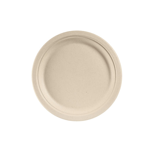 Der runde, braune Teller ø 26 cm aus Bagasse von Duni GmbH wird vor weißem Hintergrund präsentiert. Das nachhaltige Einweggeschirr (Packung mit 50 Stück) eignet sich ideal für umweltfreundliche Anlässe.