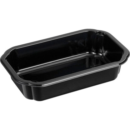 A small, black, rectangular CPET Take-Away food container from Duni GmbH with rounded edges and a glossy surface, shown empty on a white background - ideal for meals on the go. Product name: CPET Take-Away small Black.