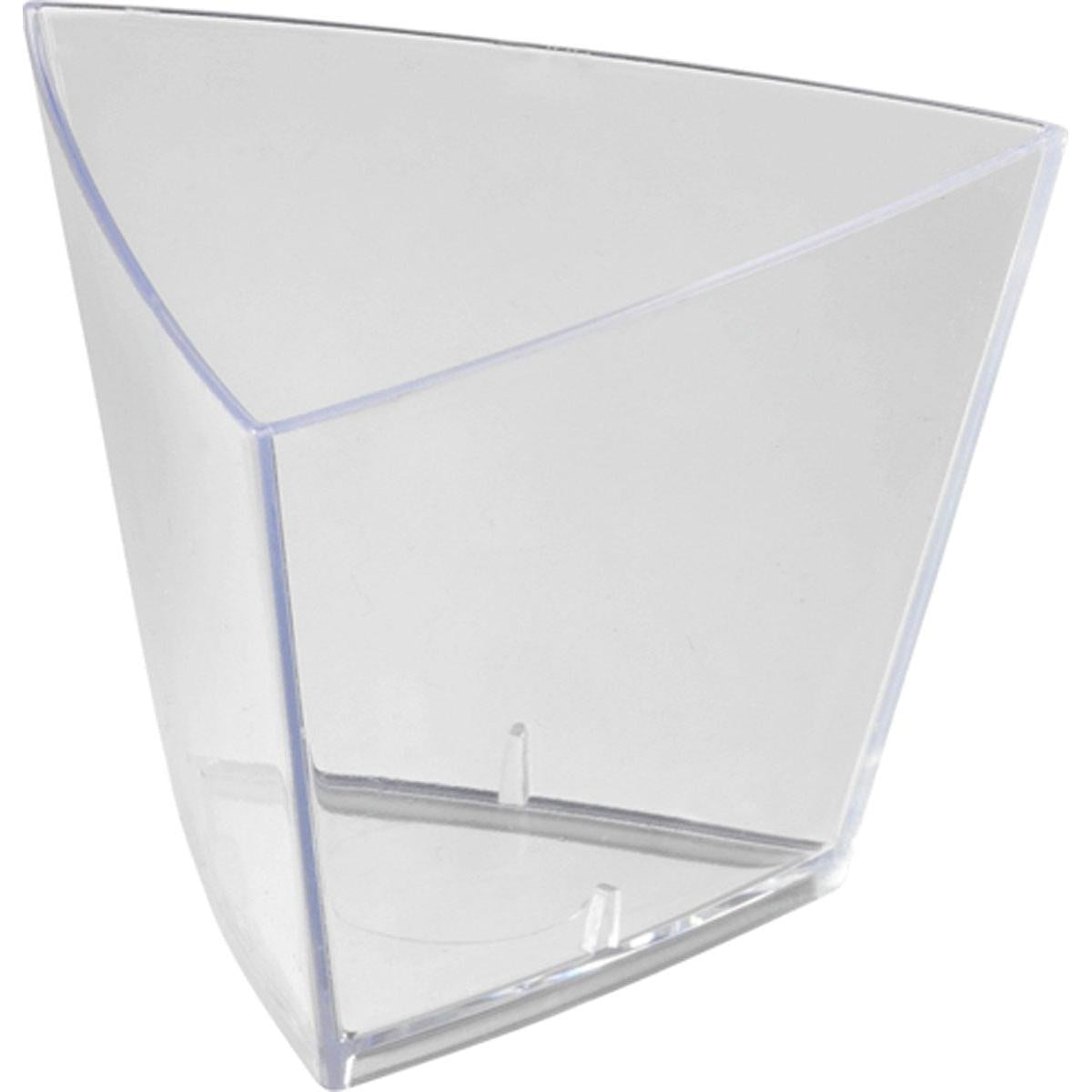 Eine klare, leere Tri Transparent PS 55x55x45 Verpackung von Duni GmbH, mit drei Seiten und einer dreieckigen Öffnung oben, ideal für die Aufbewahrung von Kleinteilen. Abgebildet auf einem schlichten weißen Hintergrund. Die Packung enthält 90 Stück.