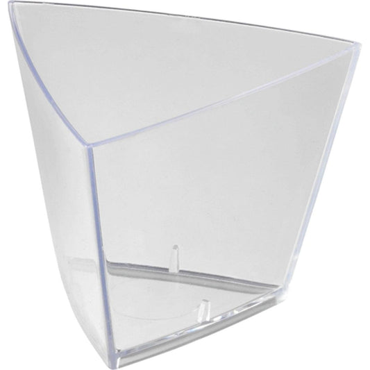 Eine klare, leere Tri Transparent PS 55x55x45 Verpackung von Duni GmbH, mit drei Seiten und einer dreieckigen Öffnung oben, ideal für die Aufbewahrung von Kleinteilen. Abgebildet auf einem schlichten weißen Hintergrund. Die Packung enthält 90 Stück.