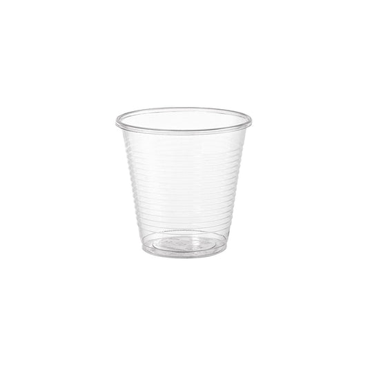 Abgebildet ist ein klares, leeres Glas 160 ml der Duni GmbH (PLA Transparent, Packung 50 Stück) vor einem weißen Hintergrund. Der Becher hat horizontale Rillen, ein einfaches, konisches Design und ist umweltfreundlich sowie biologisch abbaubar.