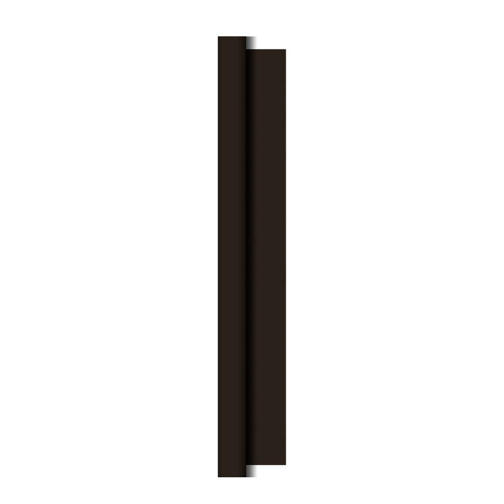 Ein vertikales schwarzes Rechteck, das die Eleganz der Dunicel-Tischdeckenrollen (1,18 m x 10 m) der Duni GmbH widerspiegelt, ist auf Weiß zentriert und wirft einen schwachen Schatten nach rechts, der an raffiniertes Eventdekor erinnert.