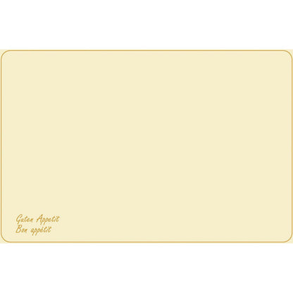 Die Dunicel-Tischsets (Vesca Norm) 33 x 48 cm Guten Appetit der Duni GmbH haben ein unbedrucktes beiges Design mit dünnem braunen Rand, abgerundeten Ecken und "Guten Appetit Bon appétit" in kleiner brauner Schrift unten links - ideal für den stilvoll gedeckten Tisch.