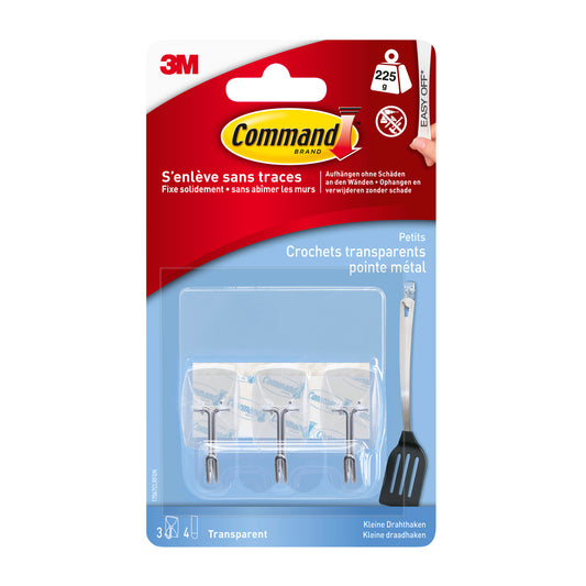 Eine Packung der 3M Deutschland GmbH Command™ Drahthaken, klein, transparent, mit transparenten Strips enthält drei kleine transparente Haken mit Metallspitzen und Klebestreifen. Die Verpackung hat ein rot/gelbes Branding in Deutsch, Englisch und Französisch.