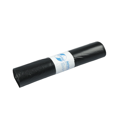 A roll of DEISS ECOFINE® waste bags 13900 made of recycled LDPE/LLDPE, 120 liters, from EMIL DEISS KG (GmbH + Co.), with a white label, for environmentally friendly disposal is seen on a white background.