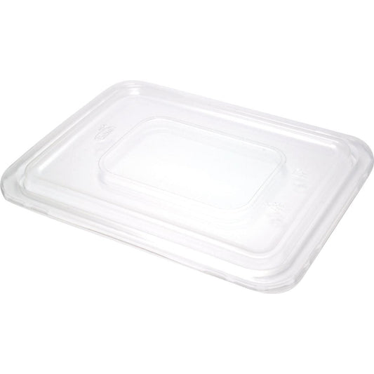 Der transparente Deckel für 151304, 151375 von Duni GmbH (PP, 190x138x14 mm, Packung mit 480 Stück) wird auf weißem Hintergrund aus leichtem Winkel gezeigt. Er verfügt über einen erhöhten Mittelbereich und glatte Kanten.