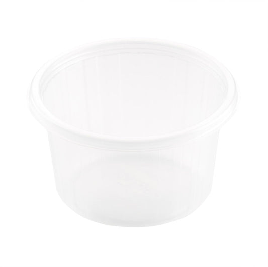 Abgebildet ist ein klarer, leerer Fixpack® rund Transparent PP-Behälter der Duni GmbH in runder Form, betrachtet aus einem leicht erhöhten Winkel vor einem weißen Hintergrund.