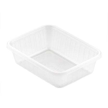 Pictured is a Fixpack® rectangular transparent PP 146x110mm storage box from Duni GmbH with ribbed sides and without a lid on a white background.