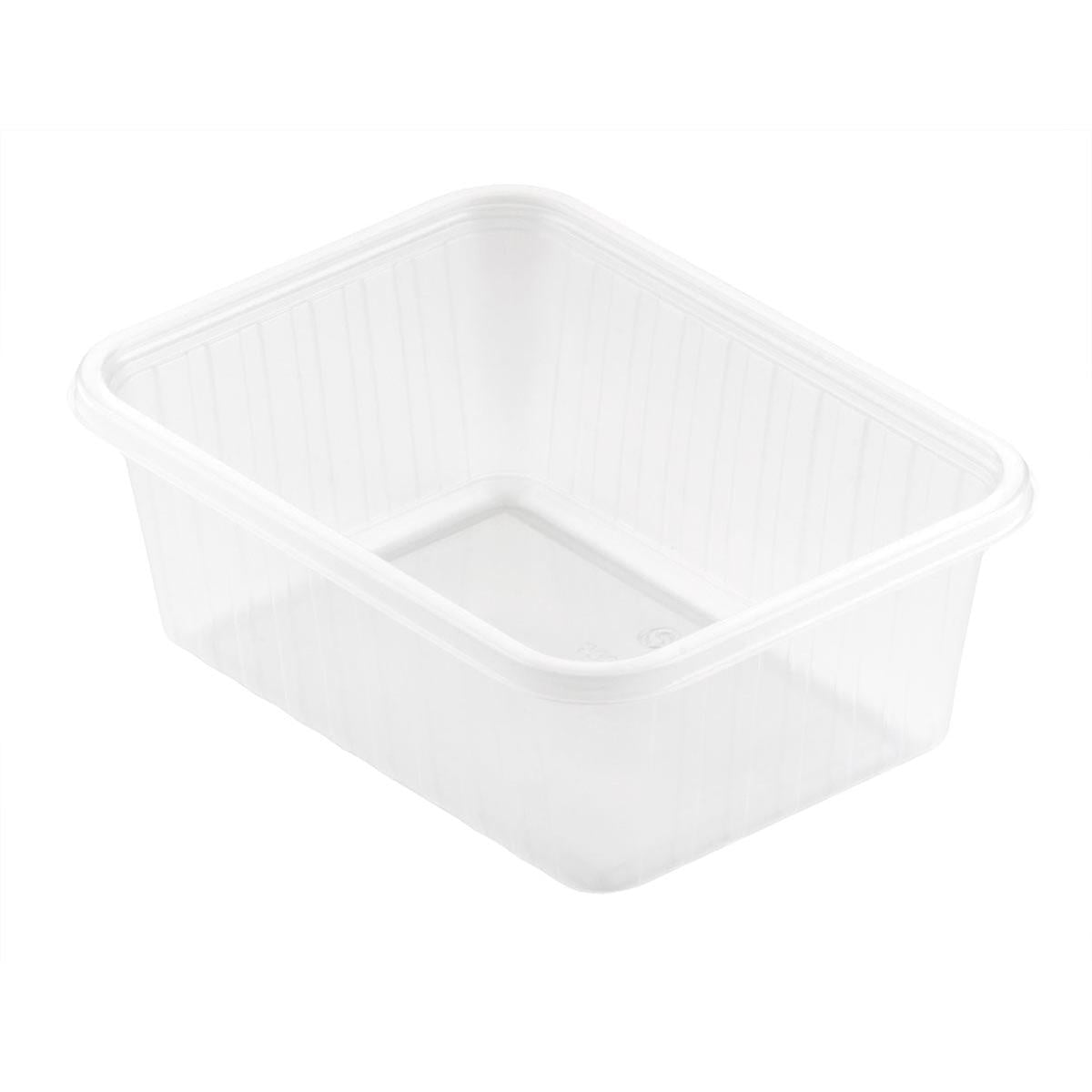 The Fixpack® rectangular transparent PP 146x110mm from Duni GmbH is a rectangular, clear storage box with slightly raised edges and a smooth surface. The empty container stands on a white base and is open at the top.