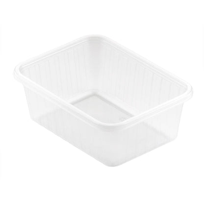 The Fixpack® rectangular transparent PP 146x110mm from Duni GmbH is a rectangular, clear storage box with slightly raised edges and a smooth surface. The empty container stands on a white base and is open at the top.