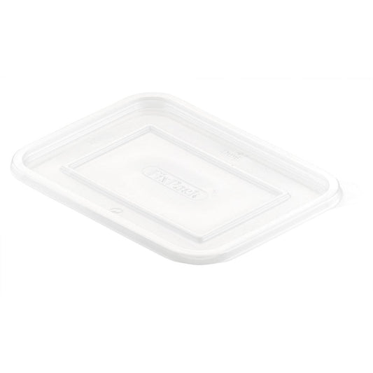 Ein transparenter PP-Deckel der Duni GmbH (146x110x6 mm) mit der Prägung "FIX PACK", passend zur Verpackung 159144/159145/160512. Ideal für Lebensmittelverpackungen, Packung mit 50 Stück, abgebildet auf weißem Hintergrund.