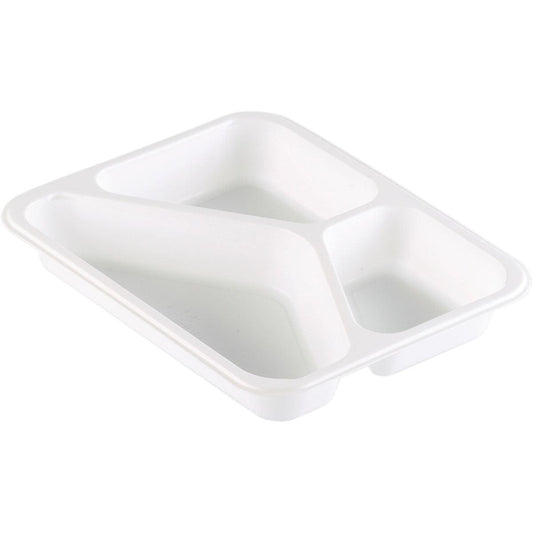Die PP-Schale Caterline 3 Weiß PP 227x178 von Duni GmbH ist ein weißes, rechteckiges Tablett mit drei Fächern - das perfekte Catering-Geschirr für die organisierte Essensausgabe.