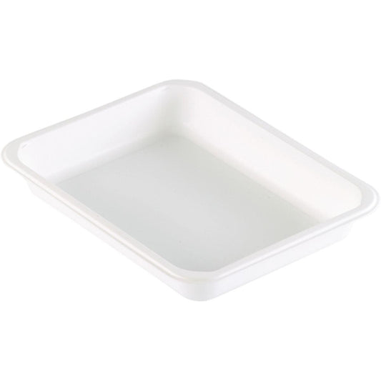 Die Duni GmbH PP-Schale Caterline 1 Weiß PP 227x178 ist eine schlichte, rechteckige weiße Schale mit abgerundeten Ecken und leicht erhöhten Kanten - perfekt für Gastronomiebedarf oder praktische Catering-Verpackung. Aus einem hohen Winkel auf Weiß fotografiert.