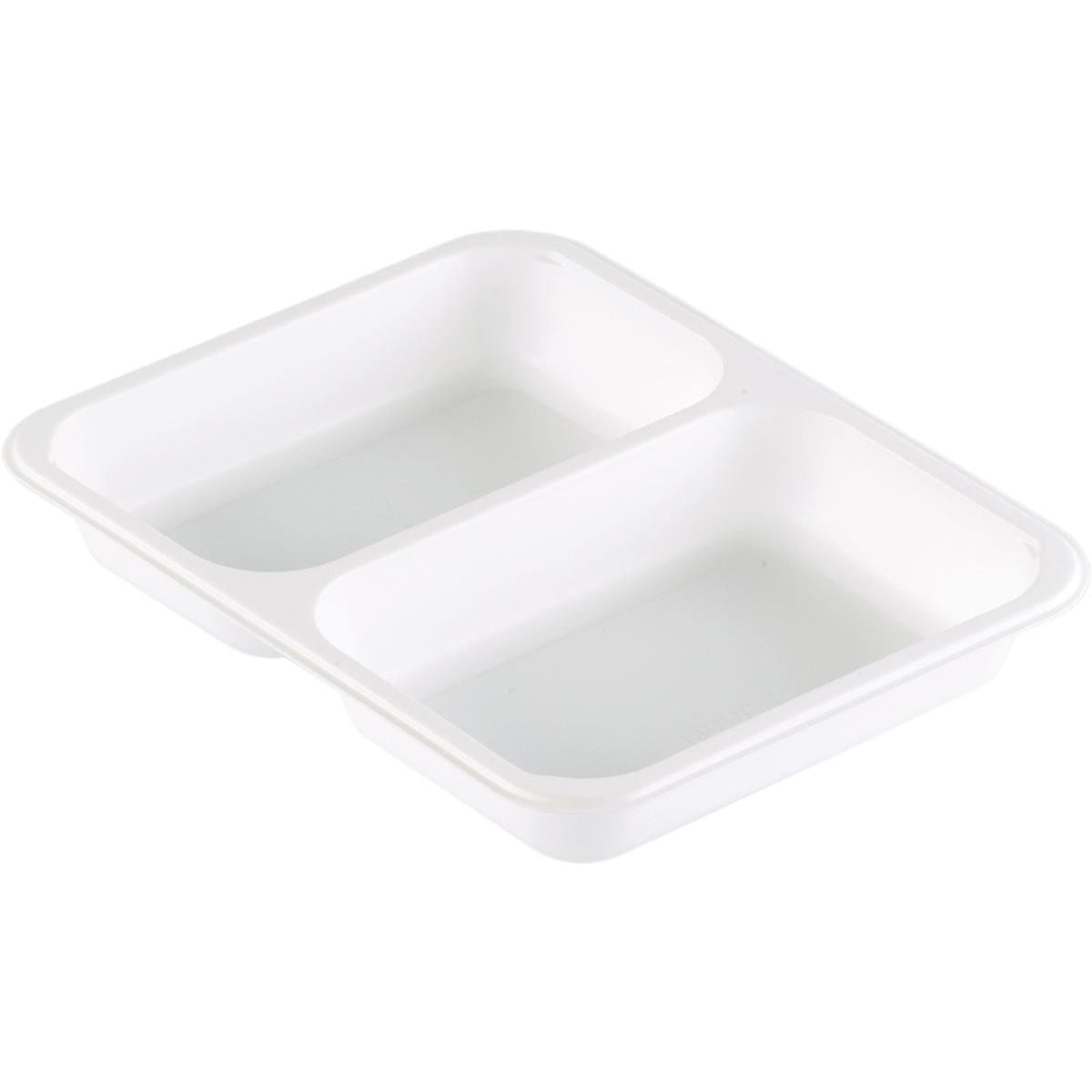 Die Duni GmbH PP-Schale Caterline 2 Weiß PP 227x178 ist eine weiße rechteckige Speiseschale mit zwei Fächern, perfekt für die organisierte Speisenpräsentation als Gastronomie Geschirr.