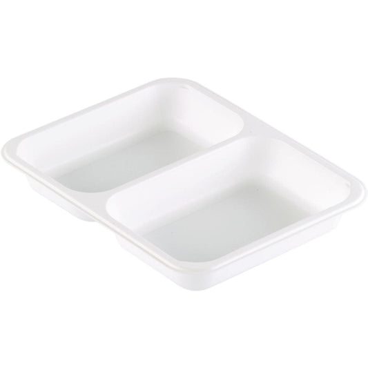 Die Duni GmbH PP-Schale Caterline 2 Weiß PP 227x178 ist eine weiße rechteckige Speiseschale mit zwei Fächern, perfekt für die organisierte Speisenpräsentation als Gastronomie Geschirr.