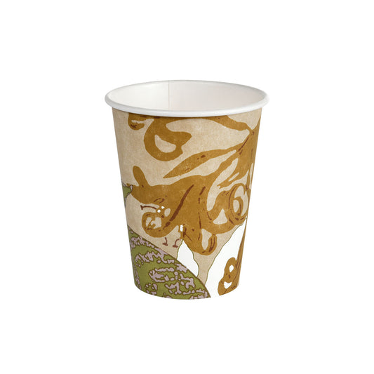 Der Thermobecher Eco Bedruckt PAP/PBS von Duni GmbH ist ein nachhaltiger, leerer Kaffeebecher aus Papier mit braun-beige-grünem abstraktem Wirbelmuster auf weißem Grund und steht aufrecht.