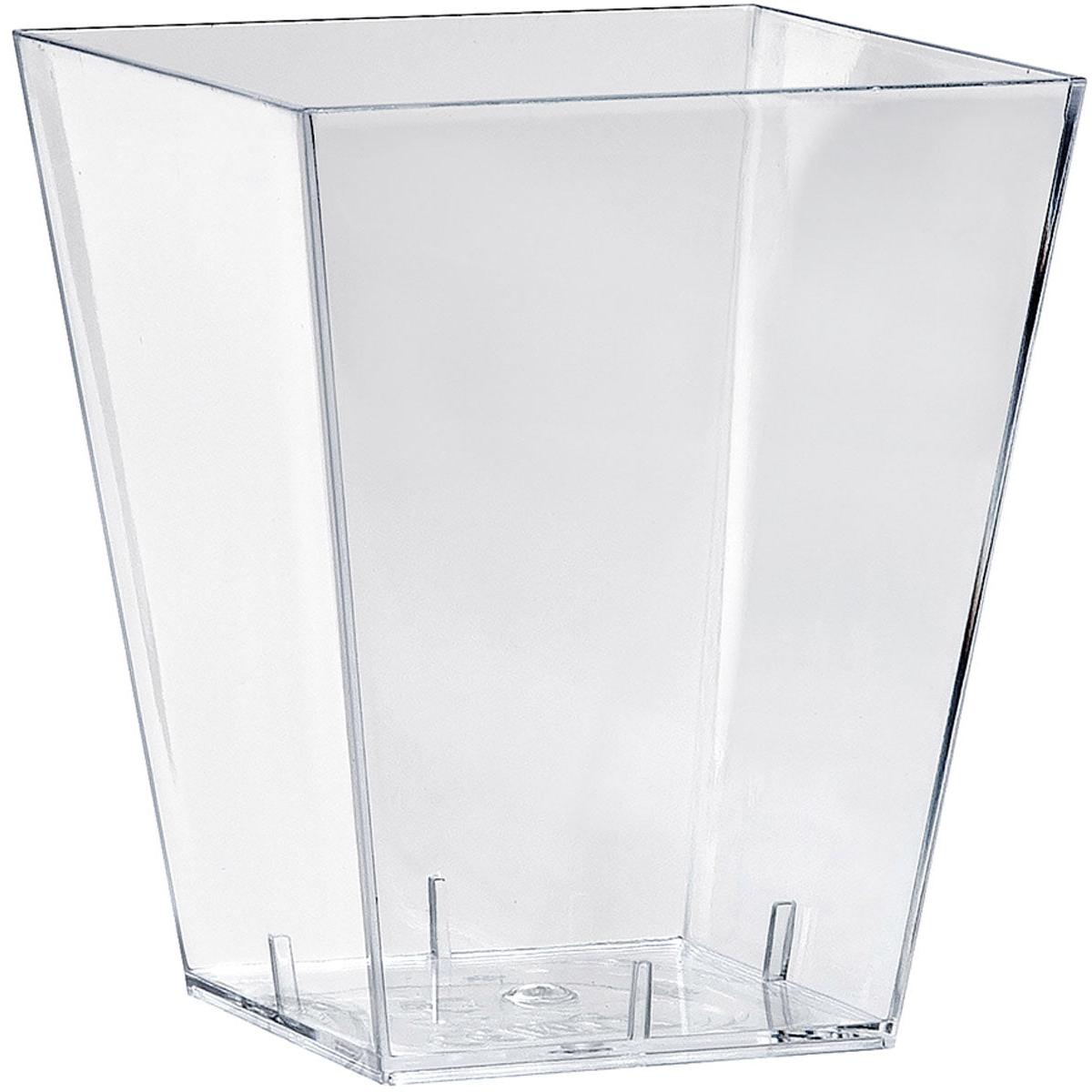 Eine klare, hohe, rechteckige Aufbewahrungsbox namens "Square, groß Transparent PS" der Duni GmbH mit leicht abgeschrägten Seiten und einem flachen Boden, leer vor weißem Hintergrund dargestellt.
