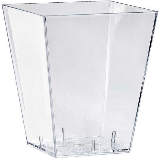 Eine klare, hohe, rechteckige Aufbewahrungsbox namens "Square, groß Transparent PS" der Duni GmbH mit leicht abgeschrägten Seiten und einem flachen Boden, leer vor weißem Hintergrund dargestellt.