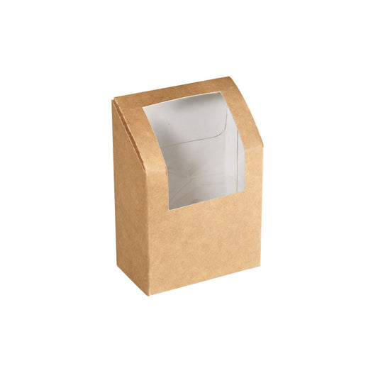 Eine Wrapbox mit PLA-Fenster von Duni GmbH (550 ml, 90x50x130 mm) aus braunem Karton steht aufrecht vor weißem Hintergrund; der transparente Ausschnitt gewährt Einblick, während der Deckel leicht geöffnet ist.