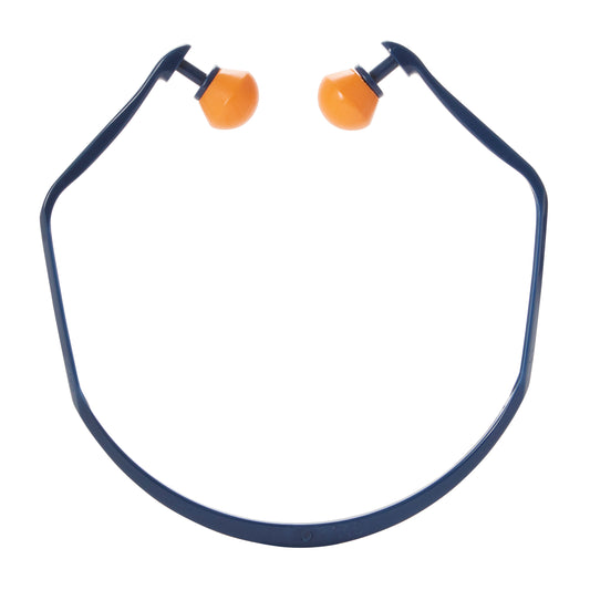 Der 3M™ Bügelgehörschutz 1310 von 3M Deutschland GmbH ist ein orangefarbener Bügel mit Schaumstoffspitzen und einem SNR-Wert von 24-25 dB, der um den Hals getragen wird; inklusive zwei Paar Ersatzstöpsel.