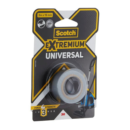A pack of Scotch® Extremium™ Universal Adhesive Tape, 3 m x 19 mm from 3M Deutschland GmbH, in silver, with the tape roll inscription, strength level 3 of 6, and the 3M brand logo at the bottom.