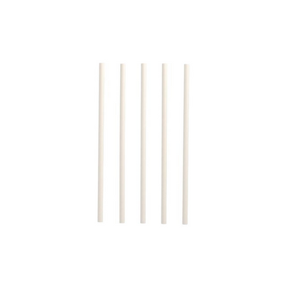Five white PAPSTAR shake straws paper drinking straws measuring Ø 8 mm x 25 cm are neatly aligned vertically on a plain white background, highlighting an eco-friendly and sustainable option from PAPSTAR GmbH for environmentally conscious consumers.