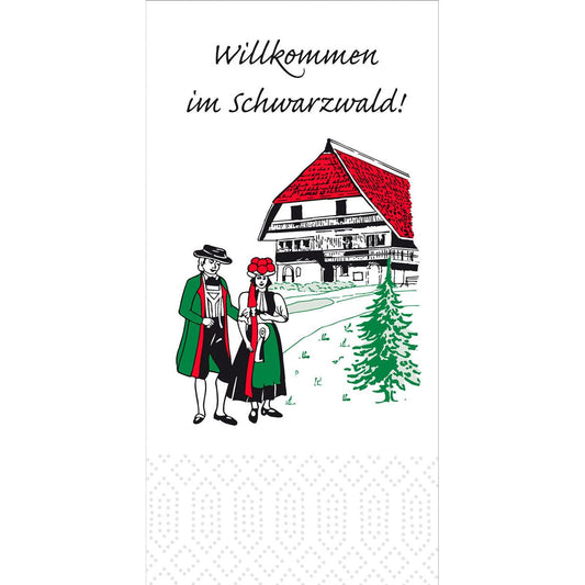 Illustration eines Mannes und einer Frau in Schwarzwaldtracht vor einem Tannenbaum und einem Bauernhaus, mit "Willkommen im Schwarzwald" - perfekt für Duni GmbH Zelltuchservietten 33 x 33 cm 3lagig 1/8 Kopffalz, Packung (250 Servietten).