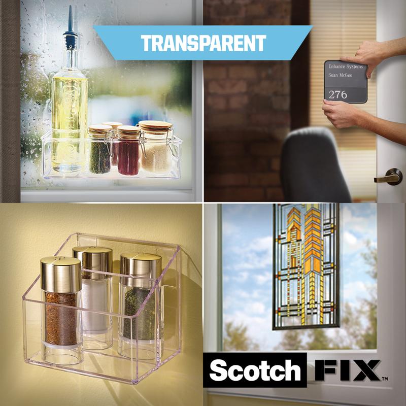 Four images show the Scotch-FIX™ Transparent Double-Sided Mounting Tape 4910C from 3M Deutschland GmbH being used to attach spice jars and an oil bottle to glass, mount a nameplate on a door, organize glasses on the wall, and attach stained glass decor to windows.