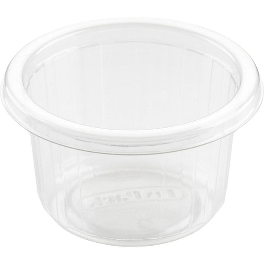 Der Duni GmbH Dressingbecher Fixpack Transparent APET 80x80x46 mm (Packung 50 Stück) ist ein kleiner, gerippter, breitrandiger Behälter, ideal für Saucen oder Gewürze, leer auf weißem Hintergrund dargestellt.