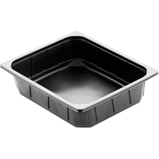 Eine schwarze PP Schale 1/2 GN (325x265x60 mm) von Duni GmbH, aus Polypropylen mit breitem Rand und strukturierten Seiten, perfekt für die professionelle Gastronomie. Erhältlich in Packungen zu 100 Stück.