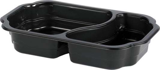 Die PP-Schale Take-Away 2 Schwarz PP/MIN von Duni GmbH aus schwarzem PP mit zwei Fächern, ideal als umweltfreundliche Lebensmittelverpackung, wird leer auf weißem Hintergrund gezeigt.
