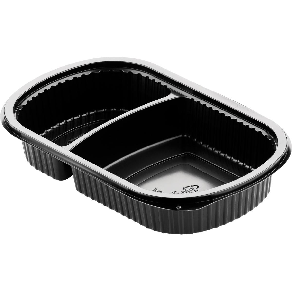 Die Duni GmbH Menübox 2 Schwarz PP 240x150x40, ein schwarzer Lebensmittelbehälter mit zwei Fächern und geriffeltem Rand, ist perfekt für die Gastronomie. Sie wird in 50er-Packungen geliefert und ist auf weißem Hintergrund abgebildet.