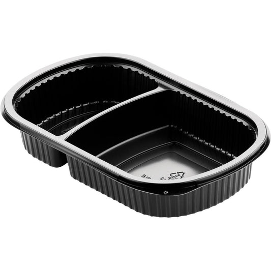 Die Duni GmbH Menübox 2 Schwarz PP 240x150x40, ein schwarzer Lebensmittelbehälter mit zwei Fächern und geriffeltem Rand, ist perfekt für die Gastronomie. Sie wird in 50er-Packungen geliefert und ist auf weißem Hintergrund abgebildet.