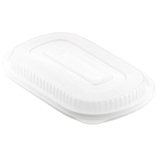 Ein transparenter PP-Deckel für 161182 / 161179 (240x150x20) von Duni GmbH, schräg dargestellt vor weißem Hintergrund. Die Packung enthält 50 Stück.