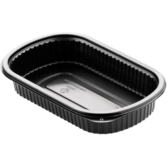 Eine Menübox 1 Schwarz PP 240x150x40 der Duni GmbH (Packung 50 Stück) mit ovaler Form, geriffelten Kunststoffseiten und einem glatten Metallboden ist schräg vor einem weißen Hintergrund abgebildet.