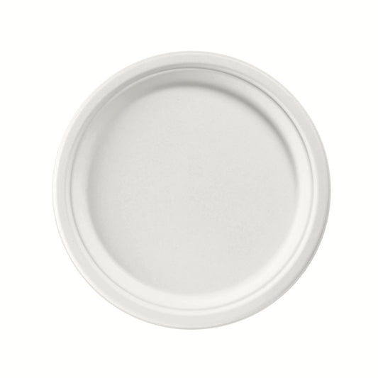 Ein schlichter, runder Teller ø 26 cm Weiss von Duni GmbH aus Bagasse wird von oben auf weißem Hintergrund gezeigt. Der biologisch abbaubare Teller hat eine leicht erhöhte Kante und keine sichtbaren Muster. Packung enthält 50 Stück.