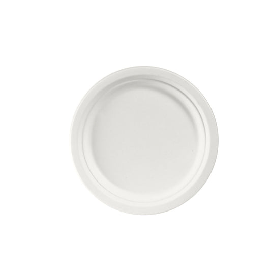 Ein Duni GmbH Teller ø 22 cm aus weißer Bagasse (Packung 50 Stück) ist von oben auf weißem Grund zu sehen. Der Einwegteller ist biologisch abbaubar, nachhaltig, hat eine glatte Fläche und einen leicht erhöhten Rand.