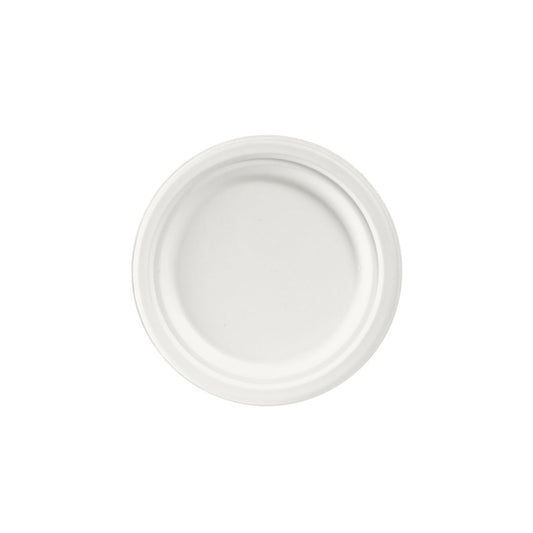 Der runde, weiße Duni GmbH Teller ø 17 cm Bagasse deckel auf weißem Hintergrund - ideal für umweltfreundliches Einweggeschirr (Packung: 50 Stück).