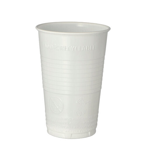 Der Starpak 100 Trinkbecher, ein weißer Becher aus Polypropylen mit leicht konischen, geriffelten Seiten und einem geprägten „100 % recycelbar“-Etikett in der Nähe des Randes, steht aufrecht auf einem weißen Hintergrund – perfekt für Veranstaltungen.