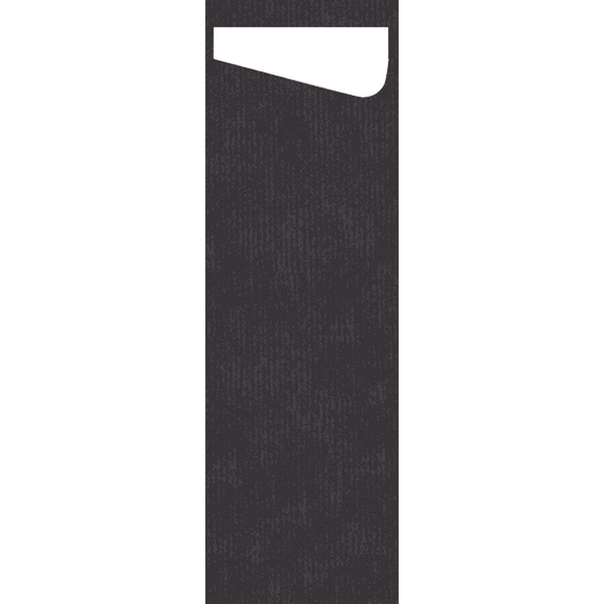 Ein strukturiertes schwarzes Rechteck mit einer weißen, geschwungenen Ecke oben links erinnert an den Sacchetto Slim Dunisoft 230 x 70 mm der Duni GmbH - ideal für eine schlichte, moderne Tischdekoration.