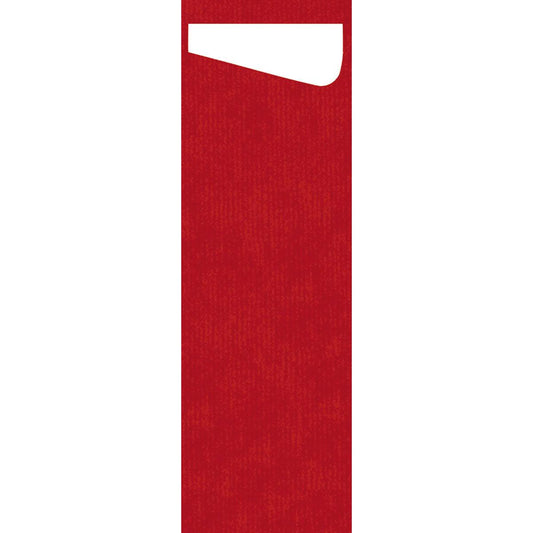 Ein strukturierter roter Hintergrund mit einem weißen, unregelmäßigen Rechteck oben links - ideal für die Präsentation von Sacchetto Slim Dunisoft 230 x 70 mm by Duni GmbH Tischdekor-Konzepten.