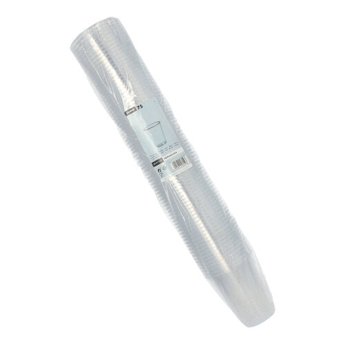 Ein Stapel Starpak 75 Trinkbecher, PS klar mit Schaumrand, verpackt in einer transparenten Kunststoffverpackung mit einem weißen Etikett, auf dem die Produktdaten angegeben sind.