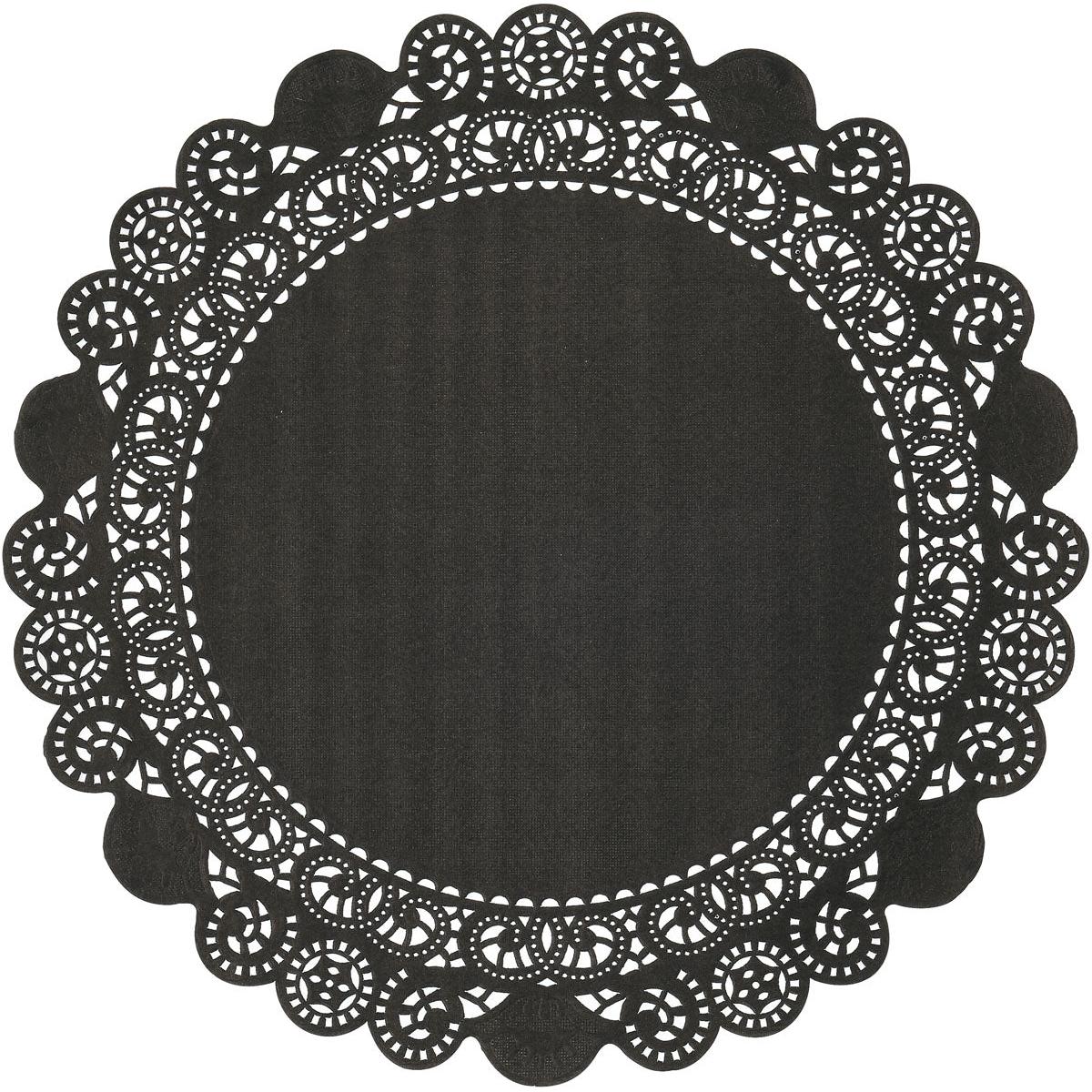 The Duni GmbH round doily is a round, black paper doily with a lace-trimmed, scalloped edge. Its solid core contrasts with the decorative edge, making it perfect for a stylish wedding.