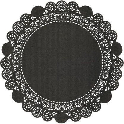 The Duni GmbH round doily is a round, black paper doily with a lace-trimmed, scalloped edge. Its solid core contrasts with the decorative edge, making it perfect for a stylish wedding.