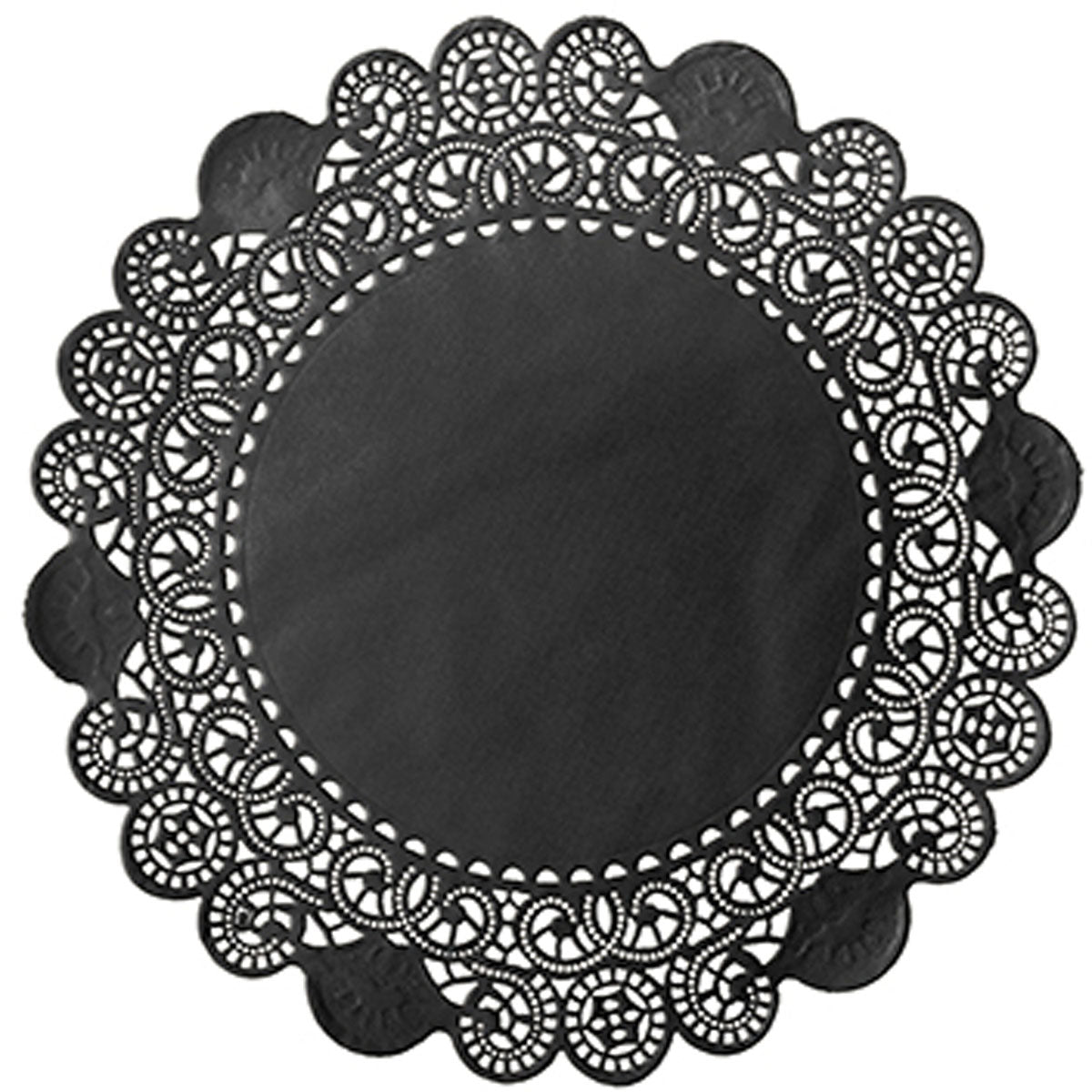 The Duni GmbH round doily is a round, black doily with a delicate lace cutout and a solid center - ideal as a stylish accent for wedding celebrations.