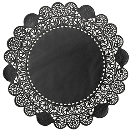 The Duni GmbH round doily is a round, black doily with a delicate lace cutout and a solid center - ideal as a stylish accent for wedding celebrations.