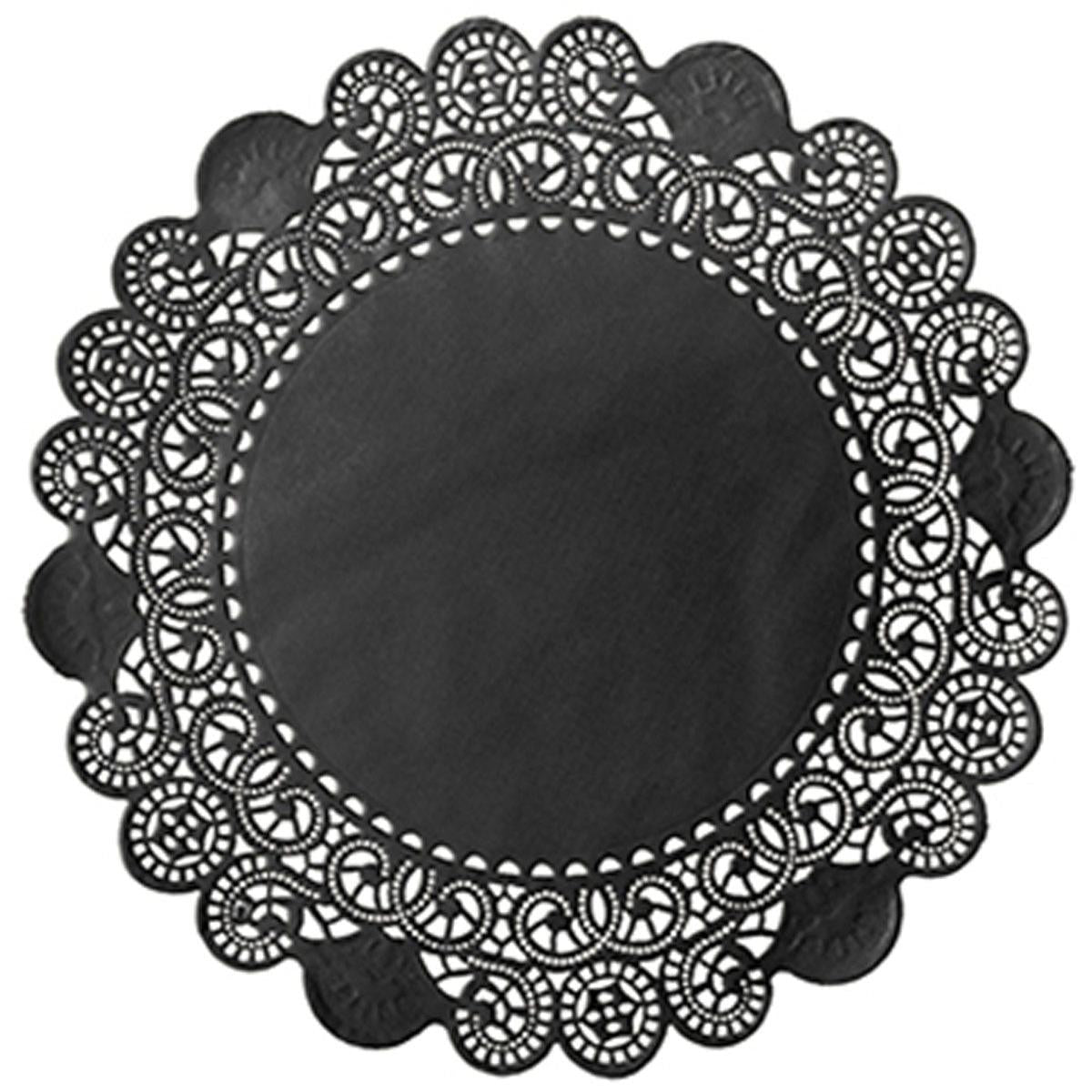 The Duni GmbH round doily is a round black paper doily with delicate lace-like cutouts, swirls, and scalloped edges - ideal for elegant displays or as a charming cake topper wedding decoration.