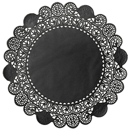 The Duni GmbH round doily is a round black paper doily with delicate lace-like cutouts, swirls, and scalloped edges - ideal for elegant displays or as a charming cake topper wedding decoration.