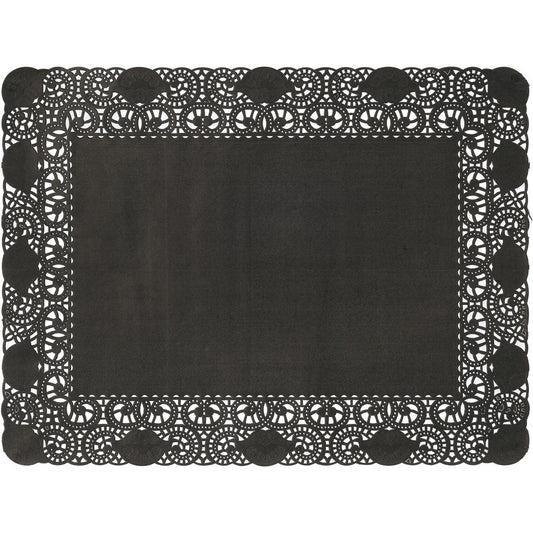 Die Duni GmbH Tortenspitzen Rechteckig 30 x 40 cm in schwarz hat einen eleganten spitzenähnlichen Rand und eine schwarze Mitte - perfekt für stilvolle Displays. Jede Packung enthält 250 Stück.